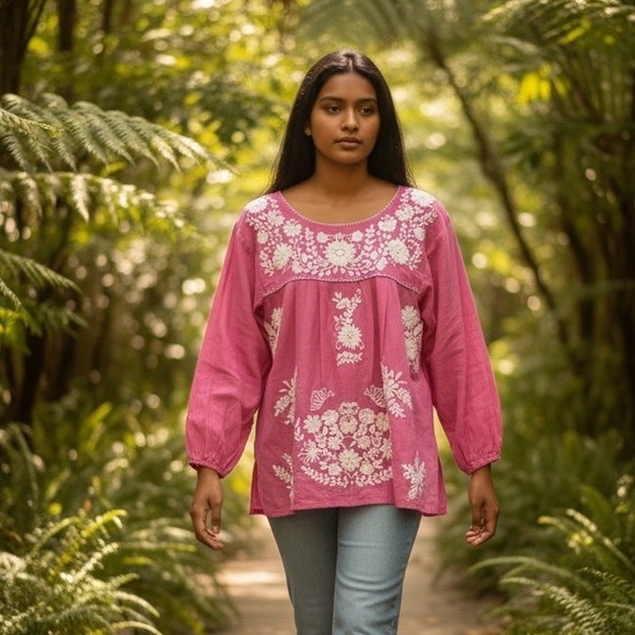 Tops - Boho Embroidered Blouse Pink Floral Cottagecore Peasant Top Womens M